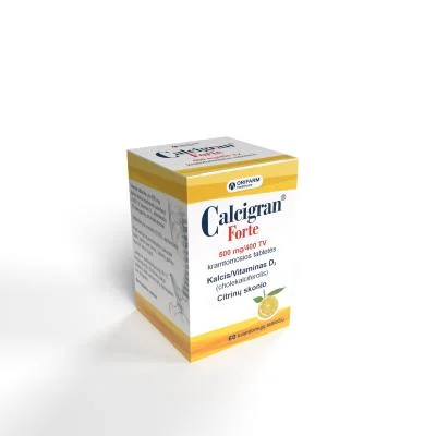 Calcigran Forte 500 mg/400 TV kramtomosios citrinų skonio tabletės N60