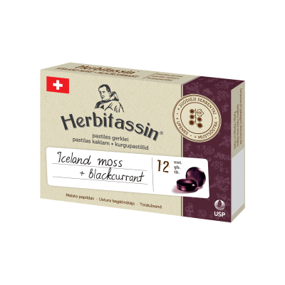 HERBITASSIN gerklės pastilės su islandinėmis kerpenomis ir juodaisiais serbentais, N12