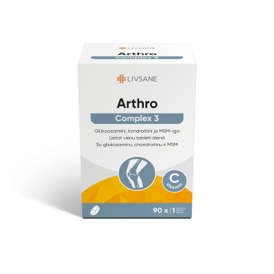 LIVSANE tabletės su vitaminu C, gliukozaminu, chondroitinu ir MSM ARTHRO COMPLEX 3, N90