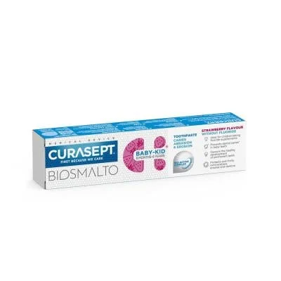 CURASEPT Biosmalto BABY-KID be fluoro pasta 6mėn-6m. vaikams, braškių skonio, 50 ml