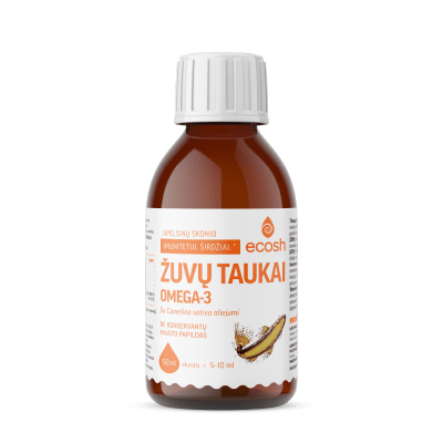ECOSH Žuvų taukai, su Camelina sativa aliejumi, apelsinų skonio, 150ml