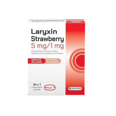 Laryxin Strawberry 5 mg/1 mg suslėgtosios pastilės, N24