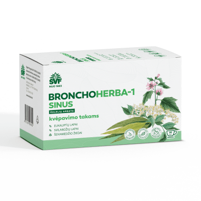 ŠVENČIONIŲ VAISTAŽOLĖS kvėpavimo takams BRONCHOHERBA-1 SINUS, žolelių arbata, 1,5 g x 20 vnt.