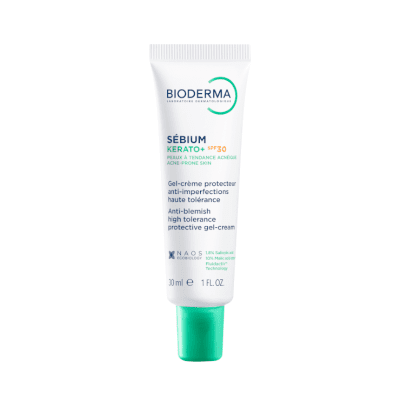 BIODERMA Sébium Kerato+ SPF30 aukštos tolerancijos gelis-kremas padedantis sumažinti spuogus, inkštirus ir po jų likusius randelius, 30 ml