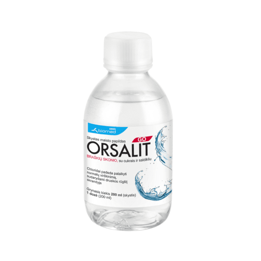 Orsalit braškių skonio skystas maisto papildas su cukrais ir saldikliu 200 ml