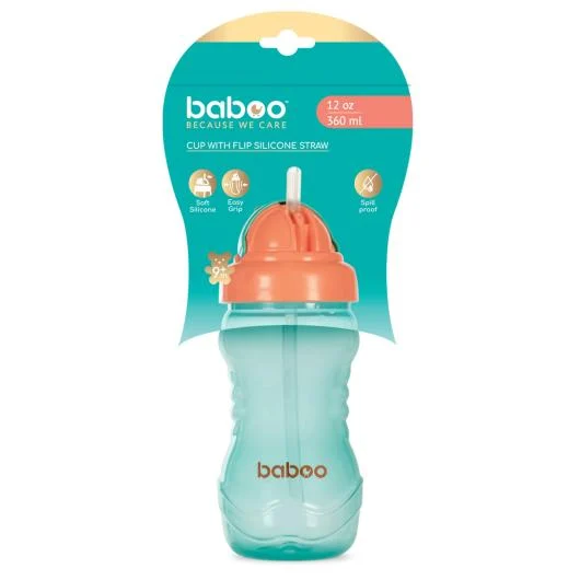 Baboo gertuvė su silikoniniu šiaudeliu, 360ml, 9+ mėn, žalia