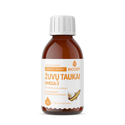 ECOSH Žuvų taukai, su Camelina sativa aliejumi, apelsinų skonio, 150 ml