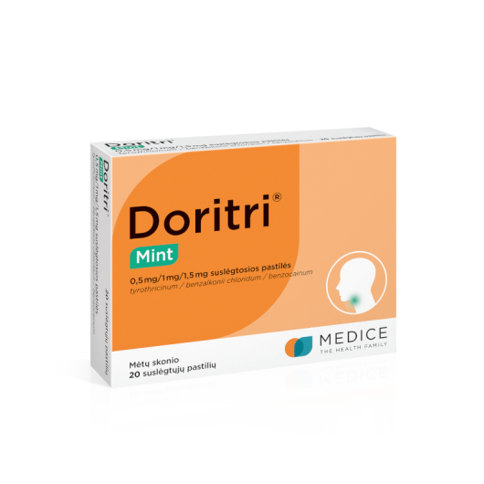 DORITRI Mint suslėgtosios pastilės, Benzalkonio chloridas/Benzokainas/Tirotricinas 1 mg/1,5 mg/0,5 mg, N20