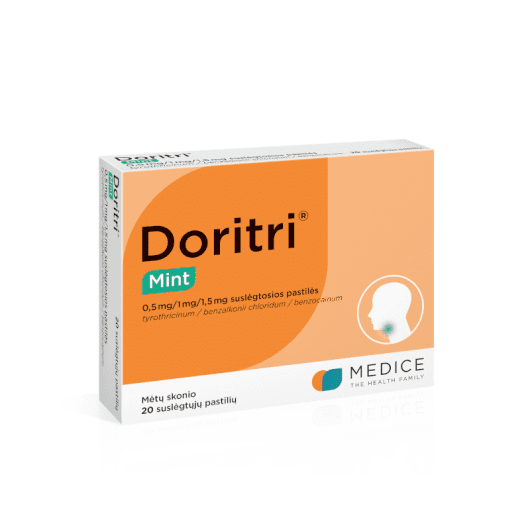 DORITRI Mint suslėgtosios pastilės, Benzalkonio chloridas/Benzokainas/Tirotricinas 1 mg/1,5 mg/0,5 mg, N20