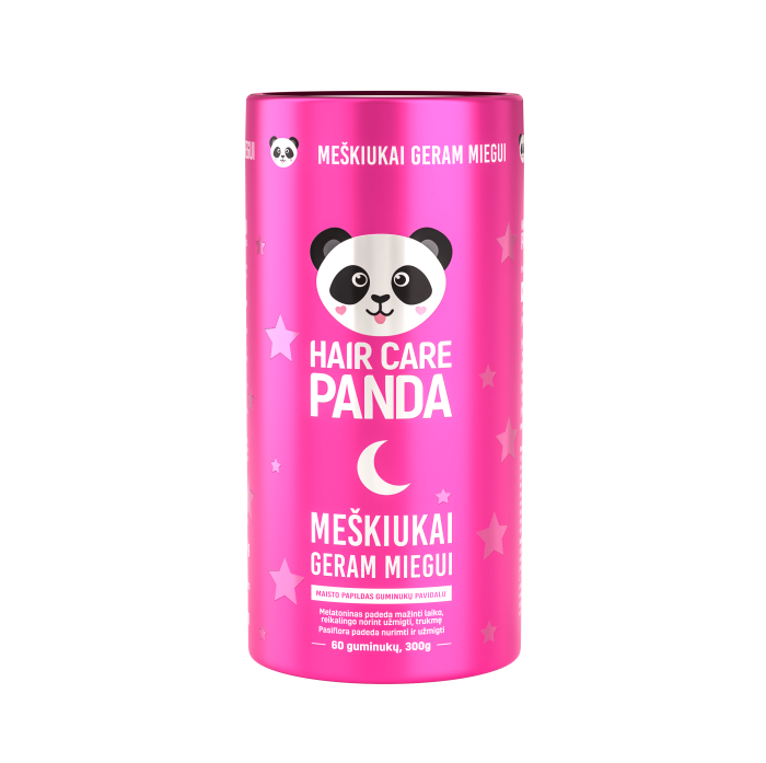 Maisto papildas „Hair Care Panda meškiukai geram miegui“, su melatoninu 1mg, 60 guminukų