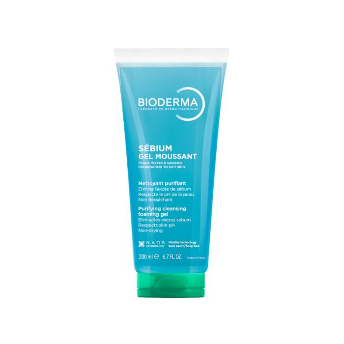 BIODERMA švelnus gelinis prausiklis riebiai, mišriai odai SEBIUM GEL MOUSSANT, 200 ml
