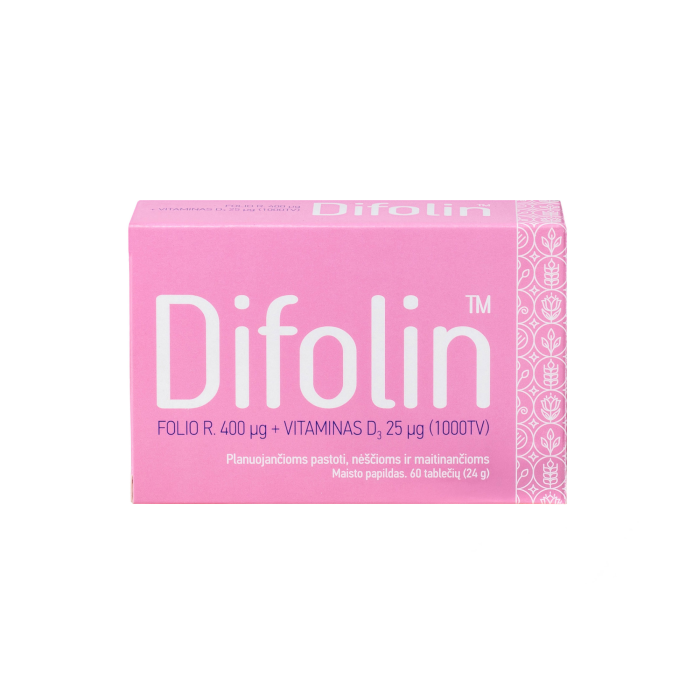Difolin folio rūgštis 400 mcg+Vitaminas D3 25 mcg tabletės N60