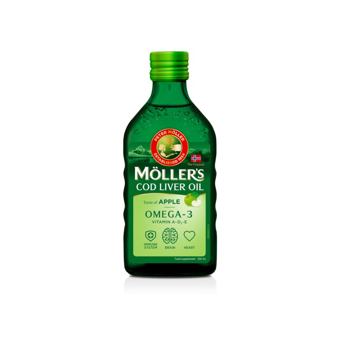 MOLLERS obuolių skonio skysti žuvų taukai, 250 ml