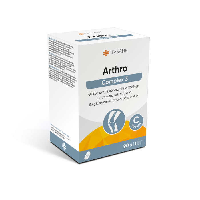 LIVSANE tabletės su vitaminu C, gliukozaminu, chondroitinu ir MSM ARTHRO COMPLEX 3, N90