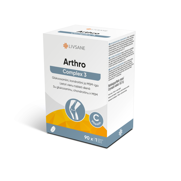 LIVSANE tabletės su vitaminu C, gliukozaminu, chondroitinu ir MSM ARTHRO COMPLEX 3, N90