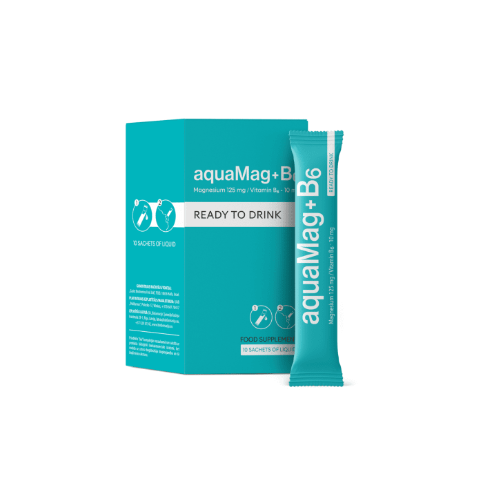 aquaMag+ B6 magnesium 125 mg / Vitamin B6 10mg geriamasis tirpalas, 10 pakelių x 15 ml
