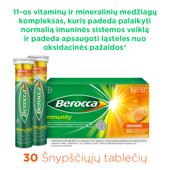 BEROCCA IMMUNITY vitaminų kompleksas, šnypščiosios tabletės, N30