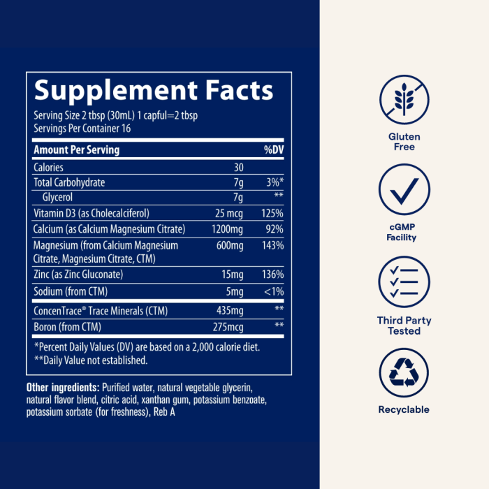 TRACE MINERALS joninių mineralų kompleksas: kalcis magnis cinkas ir vitaminas D skystoje formoje 473 ML N1