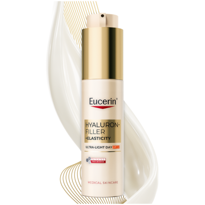 EUCERIN Hyaluron-Filler + Elasticity itin lengvos tekstūros dieninis kremas SPF 50, 50 ml