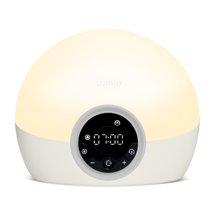 LUMIE Bodyclock Spark 100 šviesos žadintuvas su 30 min. saulėtekiu, pritemstančiu ekranu ir garso signalu