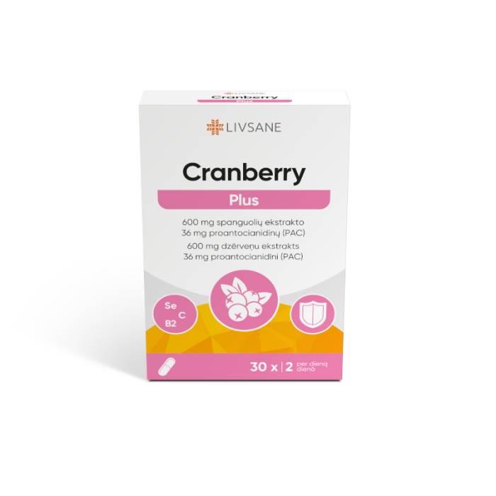 LIVSANE Cranberry Plus maisto papildas su spanguolių ekstraktu, vitaminais ir selenu, N30