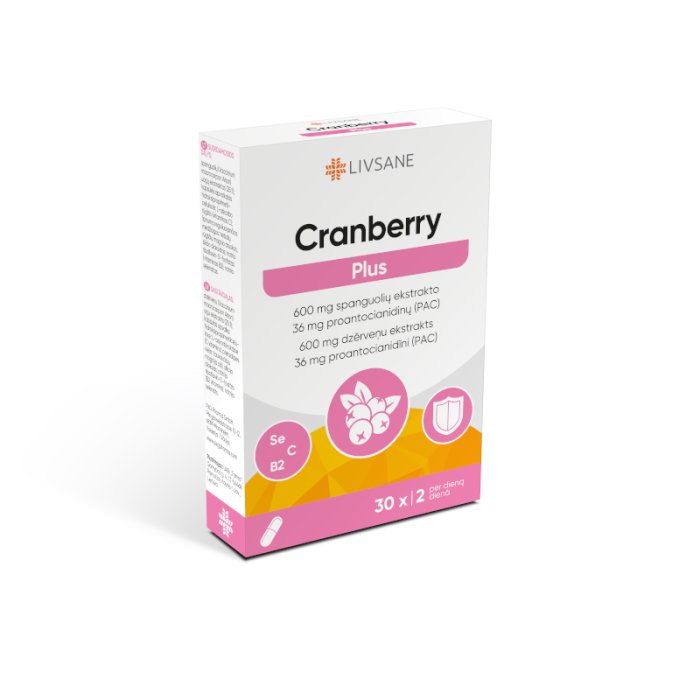 LIVSANE Cranberry Plus maisto papildas su spanguolių ekstraktu, vitaminais ir selenu, N30