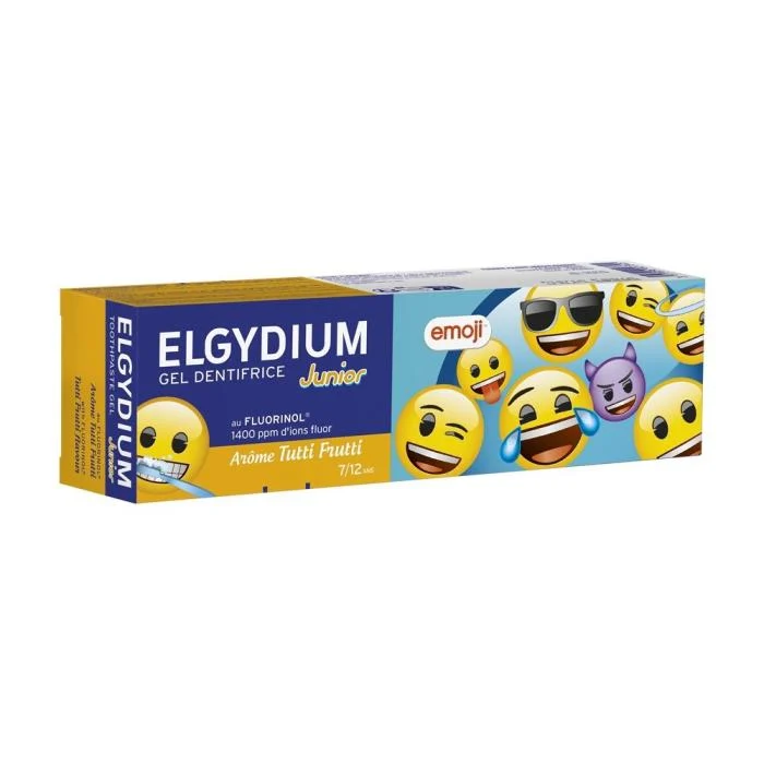 ELGYDIUM dantų pasta gelis vaikams JUNIOR Tutti-Frutti ėduonies kontrolei, Emoji, vaisių skonio, 7-12 m., 50ml