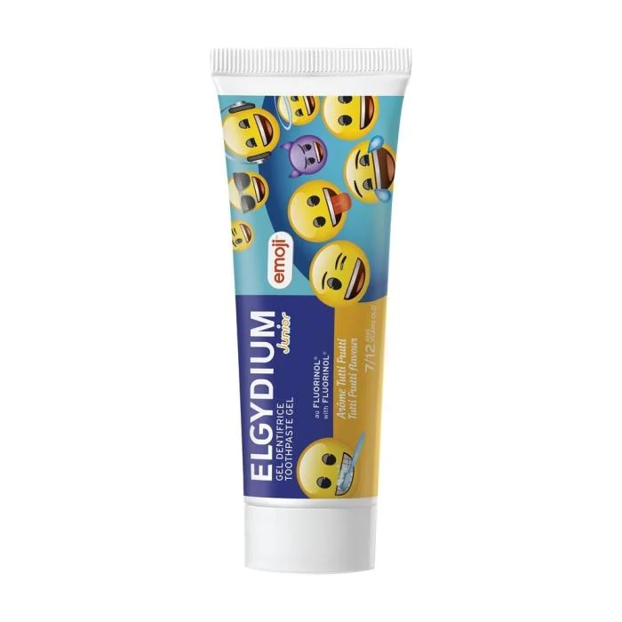 ELGYDIUM dantų pasta gelis vaikams JUNIOR Tutti-Frutti ėduonies kontrolei, Emoji, vaisių skonio, 7-12 m., 50ml