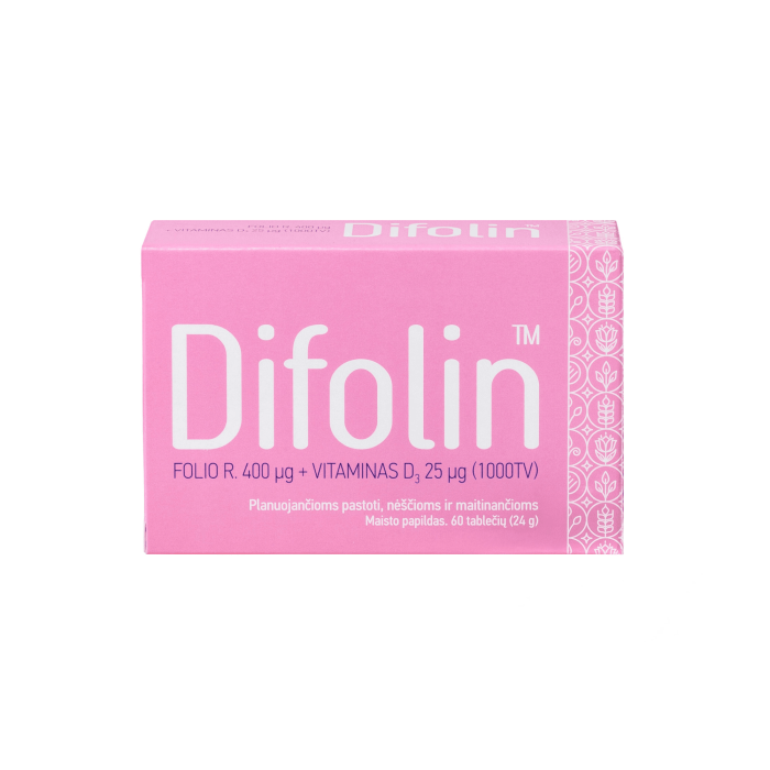 Difolin folio rūgštis 400 mcg+Vitaminas D3 25 mcg tabletės N60