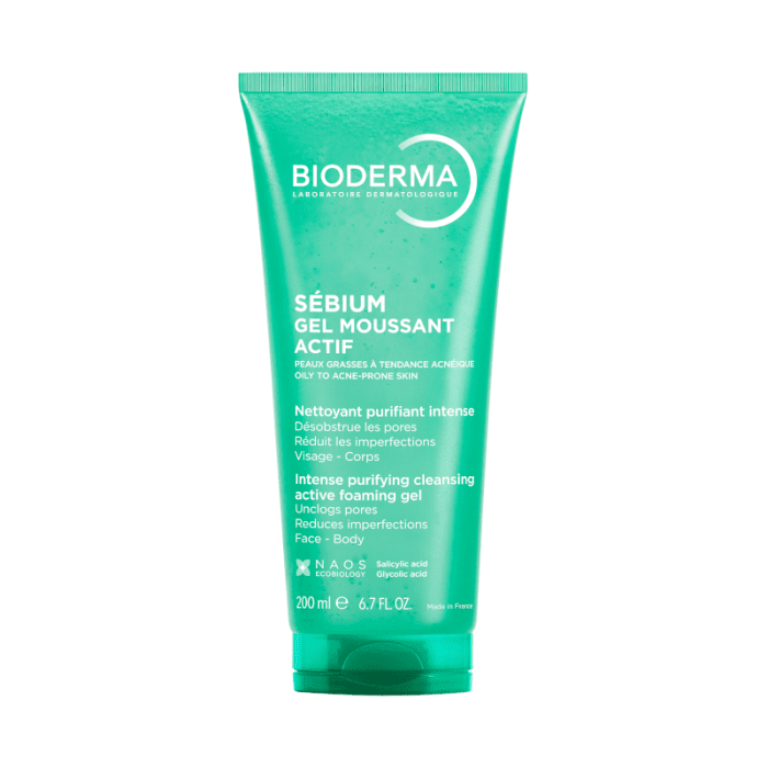 BIODERMA aktyvaus poveikio rūgštinis prausiklis riebiai, į spuogus linkusiai odai SÉBIUM GEL MOUSSANT ACTIF, 200 ml