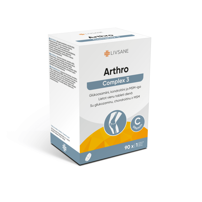 LIVSANE tabletės su vitaminu C, gliukozaminu, chondroitinu ir MSM ARTHRO COMPLEX 3, N90