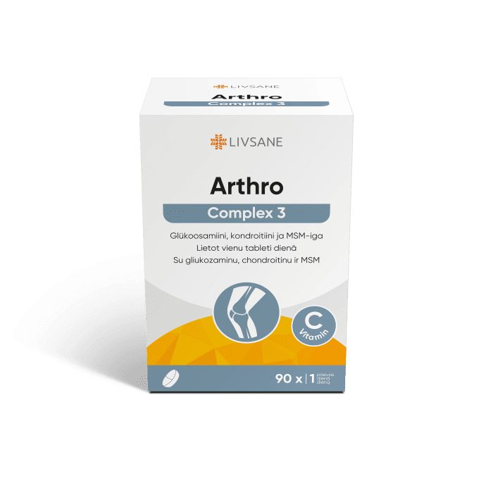 LIVSANE tabletės su vitaminu C, gliukozaminu, chondroitinu ir MSM ARTHRO COMPLEX 3, N90