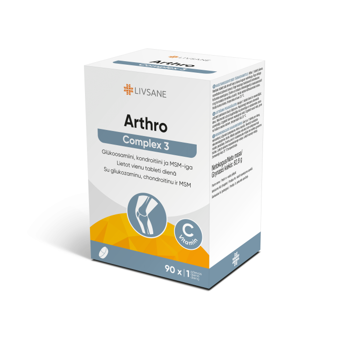 LIVSANE tabletės su vitaminu C, gliukozaminu, chondroitinu ir MSM ARTHRO COMPLEX 3, N90