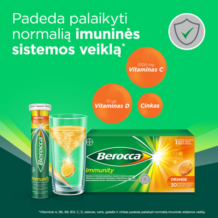 BEROCCA IMMUNITY vitaminų kompleksas, šnypščiosios tabletės, N30