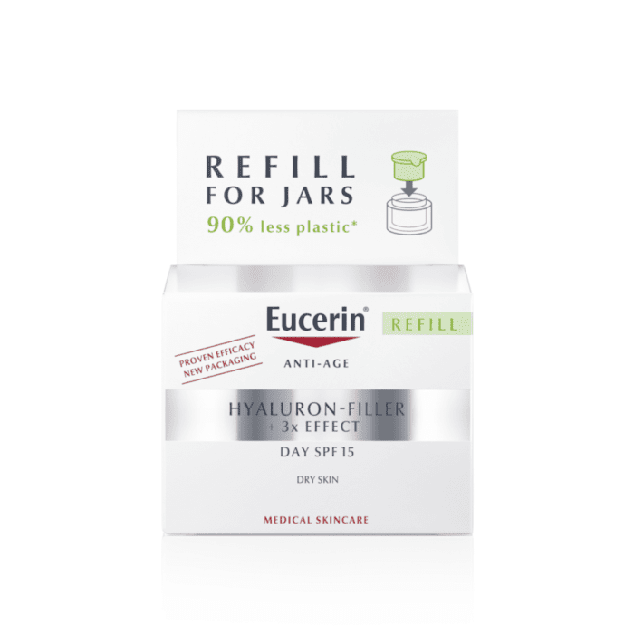EUCERIN Hyaluron-Filler +3x Effect dieninis kremas SPF 15  sausai odai su hialurono rūgštimi, papildymo pakuotė, 50 ml