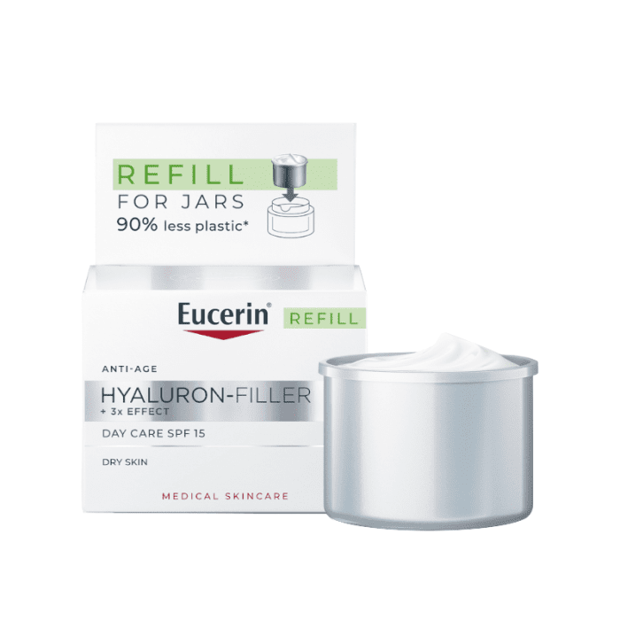 EUCERIN Hyaluron-Filler +3x Effect dieninis kremas SPF 15  sausai odai su hialurono rūgštimi, papildymo pakuotė, 50 ml