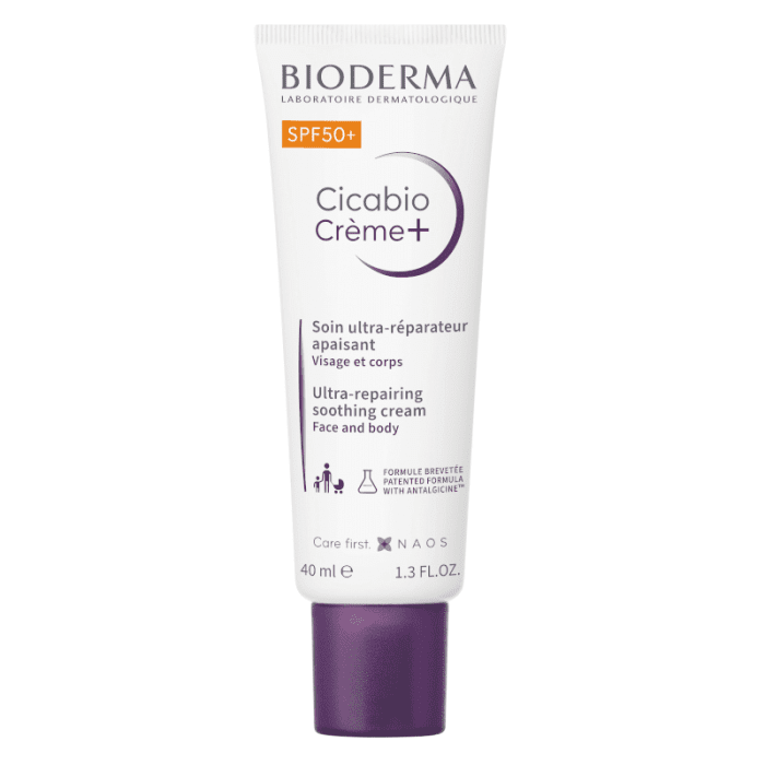 BIODERMA raminamasis kremas su aukšta apsauga nuo saulės CICABIO CREME+ SPF50+, 40 ml