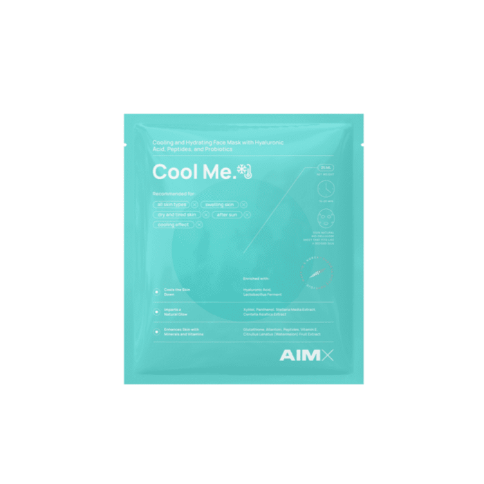 AIMX COOL ME greito poveikio intensyviai regeneruojanti ir drėkinanti lakštinė kaukė su vėsinančiu ir raminančiu poveikiu, 25ml