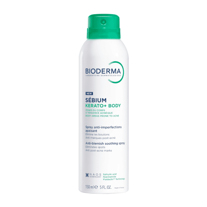 BIODERMA raminamasis kūno purškiklis nuo spuogų į aknę linkusiai odai, Sébium Kerato+ body, 150 ml