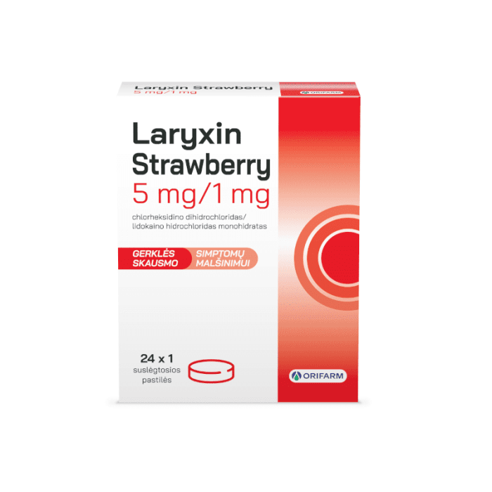 Laryxin Strawberry 5 mg/1 mg suslėgtosios pastilės, N24