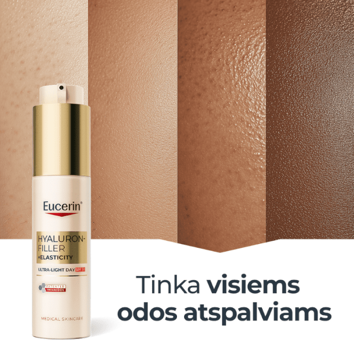 EUCERIN Hyaluron-Filler + Elasticity itin lengvos tekstūros dieninis kremas SPF 50, 50 ml