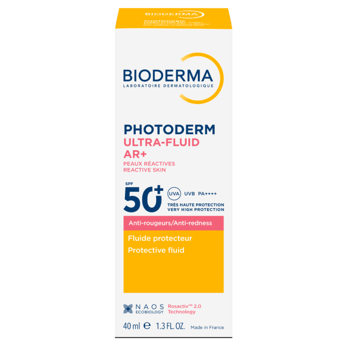 BIODERMA PHOTODERM ULTRA-FLUID AR+ SPF50+ apsauginis fluidas nuo saulės raustančiai odai, 40 ml