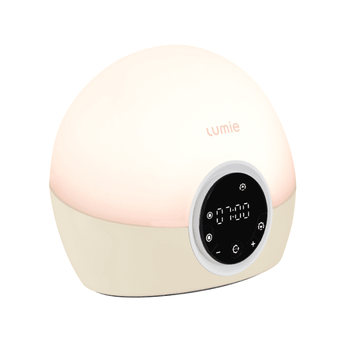 LUMIE Bodyclock Spark 100 šviesos žadintuvas su 30 min. saulėtekiu, pritemstančiu ekranu ir garso signalu