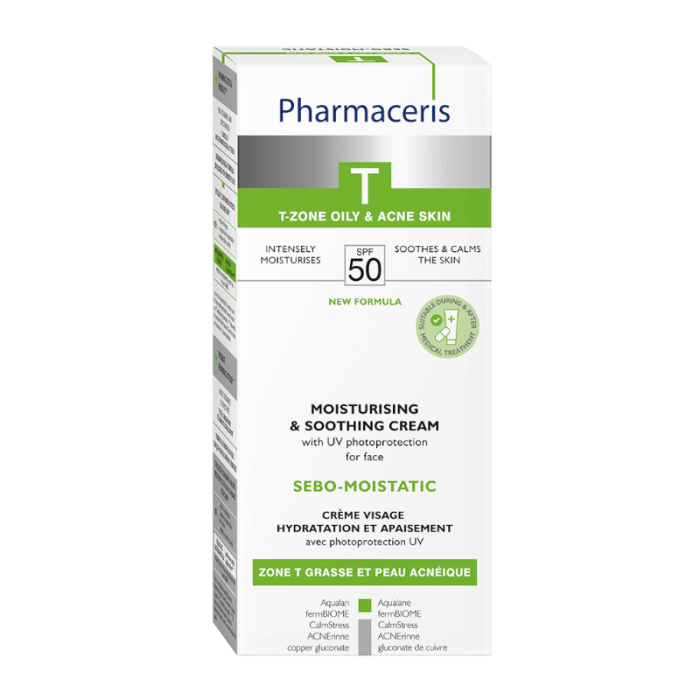 PHARMACERIS T, Sebo Moistatic drėkinamasis kremas riebiai, mišriai odai, SPF50, 50 ml