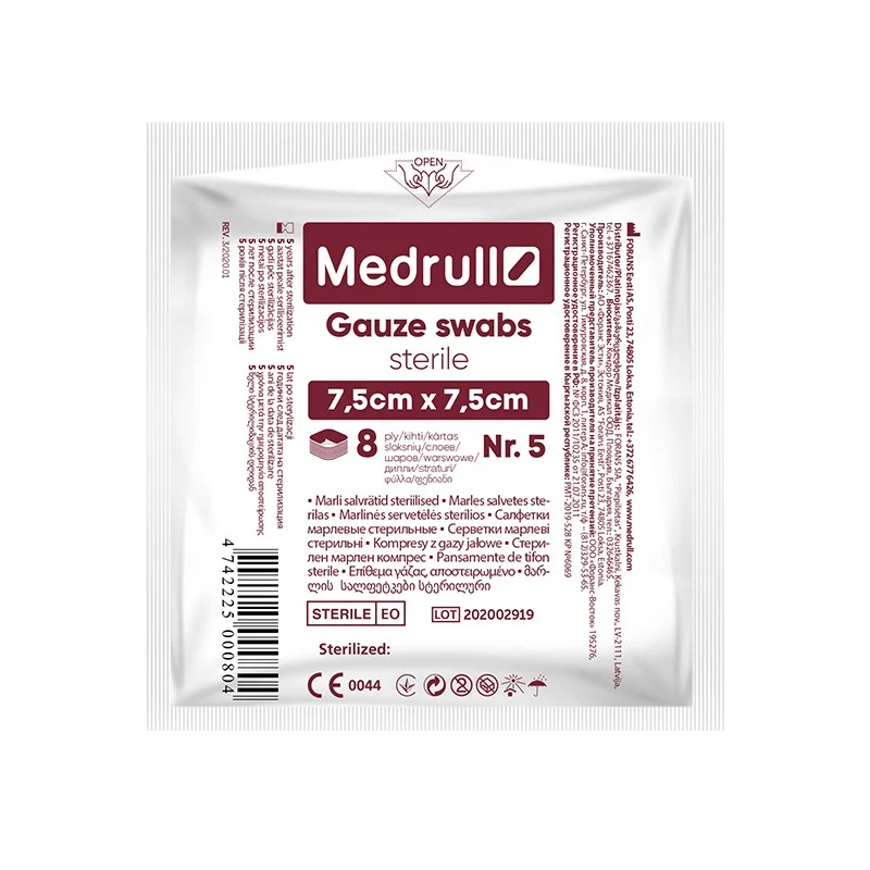 SERVETĖLĖS MARLĖS MEDRULL STERIL. 7.5x7.5CM (8 SL.) N5