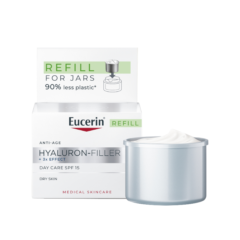 EUCERIN Hyaluron-Filler +3x Effect dieninis kremas SPF 15 sausai odai su hialurono rūgštimi, papildymo pakuotė, 50 ml