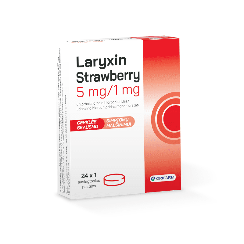 Laryxin Strawberry 5 mg/1 mg suslėgtosios pastilės, N24